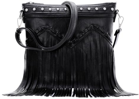 Fecialy Fringe Umhängetasche mit Nieten Damen Vegane Leder-Tasche mit Quasten Schultertasche Western-Hobo-Handtasche