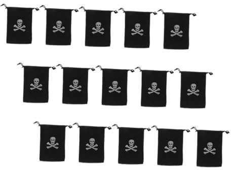 GARVALON 15 St Piratpåse med Dragsko i Slitstark Polyester Svart Godispåse med Dödskallemotiv för Halloweenfest Smycken och Myntförvaring för Kalas och Bröllop