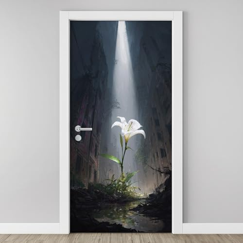 Lilie Blume 3D Türtapete Selbstklebend, Floral Ruinen Türfolie, 77 x 200 cm PVC Entfernbar Türposter Wandaufkleber für Schlafzimmer Küche Wohnzimmer Badezimmer Dekorationen