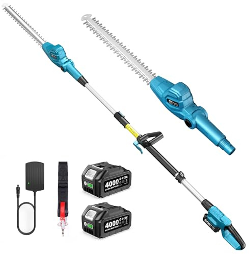 SEESII Teleskop Heckenschere Akku 20 Zoll, Leicht 3,91kg für Senioren & Frauen, 4,4m Reichweite, 600W mit 2x4000mAh Akku, 135° Schwenkkopf, Elektrische Heckentrimmer Langstiel für Hohe Hecken
