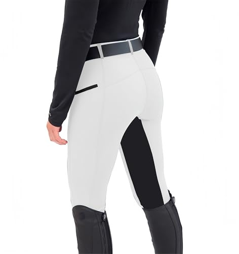 Chesoon Femmes Pantalon d'Équitation Complet avec Protection au Genou - Pantalon d'Équitation à Taille Haute avec Poches - Pantalon de Patchwork pour l'Équitation, blanc, M