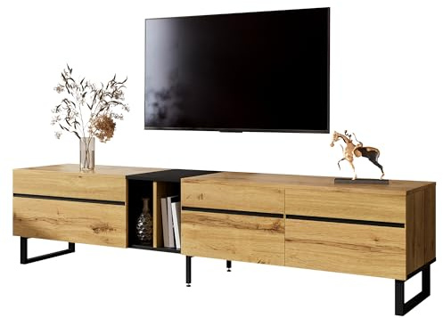 kozamas TV Lowboard 180 cm mit Klappfach und Doppeltüren, Moderner Fernsehschrank mit Verstellbaren Füßen & Viel Stauraum, Minimalistisches Sideboard für Wohnzimmer,Natur