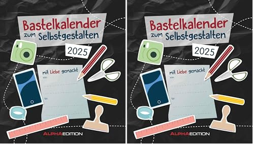 Alpha Edition - Do-it Yourself schwarz 2025, 21x24cm, Bastelkalender mit Seiten aus hochwertigem Bastelkarton, gestaltbares Titelblatt mit Jahreszahl, internationales Kalendarium (Packung mit 2)