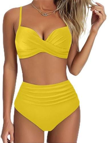 Costume Donna Due Pezzi Costumi Nuoto Mare Reggiseno Imbottito Push Up Mutanda Vita Alta Bikini Curvy Fascia Con Ferretto Piscina No Segno Abbronzatura Brasiliana Da Bagno 2 Top Abbronzanti,Giallo,XL