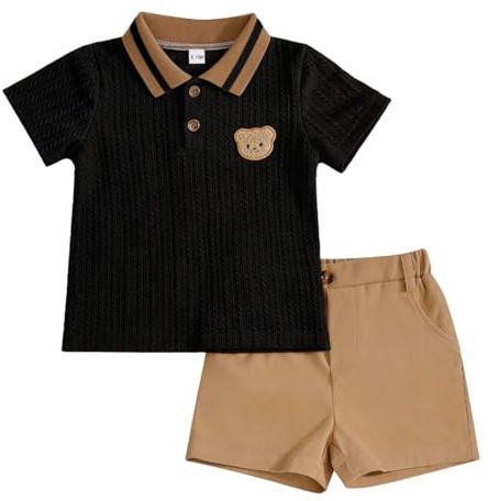 LUVCES Ensemble Vêtements pour Bébés Garçons Été Tenues Polo Ours Mignon à Manches Courtes Short à Boutons et Poches 2Pcs Printemps Vêtements