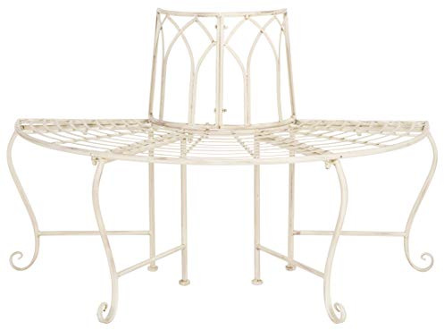 SAFAVIEH Outdoor Furniture Collection – Abia Antique White Distressed Wrought Iron 50-Inch Curved Tree Bench, Garden & Patio Seating (PAT5018A)