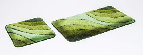 S&S-Shop Badematte Set | Grün | Wave | 2 teilig | rutschfest | WC-Vorleger 50 x 45 cm | Badvorleger 50 x 90 cm | Badteppich | Teppich | Bad | Badezimmer