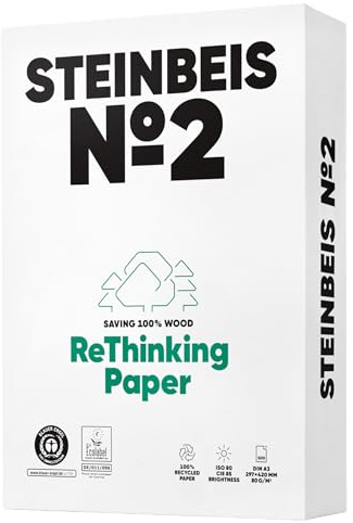 Steinbeis No. 2 Druckerpapier – 2500 (5 x 500) Blatt DIN A3 Recycling-Papier 80 g/m², Weiß & Chlorfrei, hochwertiges Kopierpapier ISO 80 / CIE 85