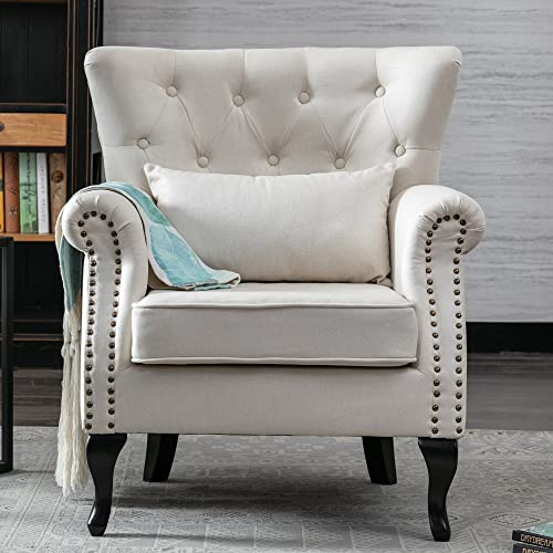 Kmax Fabric Club Chair Tufted Throne Mid Century Accent Wingback Chair Padded Seating Wood Legs Home Club Bedroom Living Room, Beige