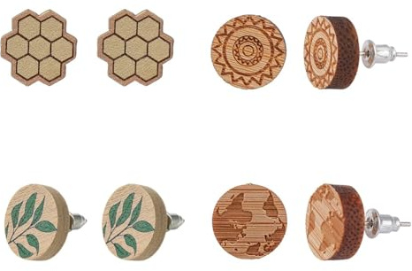 SUNNYCLUE 5 Paar 12mm Ohrringe Holz, Ohrstecker Set Holz Hölzerne Ohrstecker aus Flache Runde Natürliche Charms Bulk Blumen Nektar Herz Für Schmuck Machen Kit Damen Schmuckzubehör Zubehör