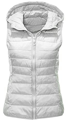 Quiltad väst dam – lätt dunväst, jacka, enfärgad quiltad väst, kroppsvärmare, vår, höst, vinter, övergångsväst, utomhus, vinterväst, gilet, jacka, huva, ärmlös, Vit, 3XL