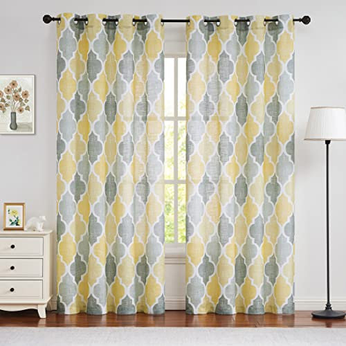 Beauoop Gelb Grau Voile Vorhänge Leinenoptik Rautenmuster Gardinen mit Ösen Geomertrisch Marokkanisch Halbtransparent Ösenvorhang Dekoschal für Schlafzimmer Wohnzimmer 2er Set, 127 x 245cm (HxB)