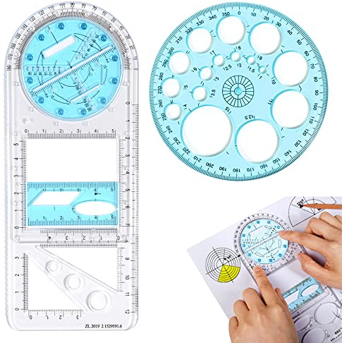 LanYing 2 st Multifunktionell geometrisk linjal 360 graders gradskiva Matematik ritlinjal Geometrisk ritmall Mätverktyg för student skolkontorsmaterial