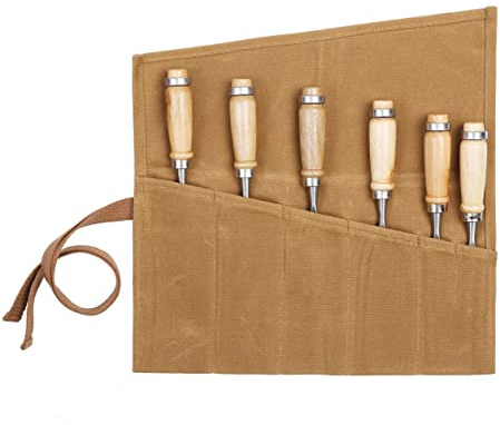 Kaaltisy Werkzeugrolltasche mit 6 Einsteckensfächer, gewachstes Segeltuch, Rolltasche für Stechbeitel, Hämmer, Fishing Jigs, Tranchiermesser (Khaki)