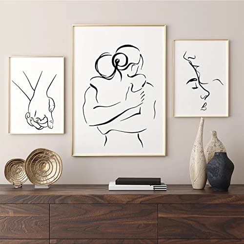 TANYANG Romantisches Liebespaar Linie Küssen Umarmen Hände Halten 3 Stück Leinwand Gemälde Poster Und Drucke Wandkunst Bilder Für Wohnzimmer Dekor 14X20 Kein Rahmen