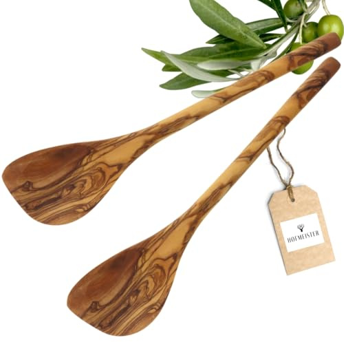 2x HOFMEISTER® Kochlöffel Olivenholz 30 cm – Holzlöffel schont beschichtete Töpfe und Pfannen – Unikat mit markanter Maserung, Handarbeit – spitz
