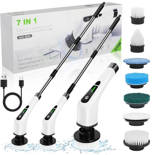 OSDUE Electric Spin Scrubber, Cordless ​Shower Cleaner with 7 Replacement Brushes, 400 RPM Electric Bathroom Cleaning Brush with Adjustable Extension Arm for Tile, Tub, Kitchen, Floor, Bathroom