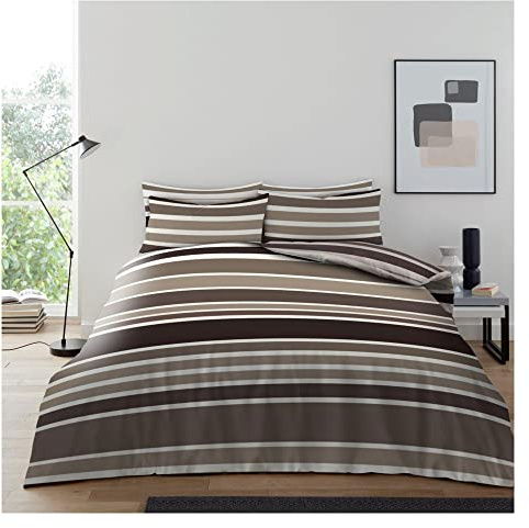 Lions 4 Piece Complete Bedding Sets - Textured Striped Natural Double Duvet Cover Set 200x200cm With 1x Fitted Sheet and Matching 2x Pillowcase, Soft Reversible Quilt Covers