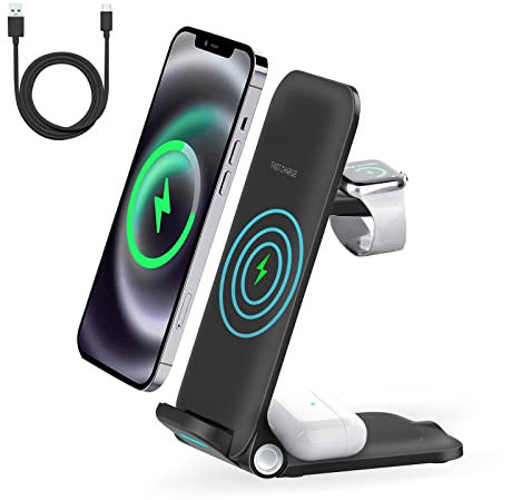 3 in 1 Caricatore Wireless, Pieghevole Stazione di Ricarica Wireless Rapida Docking Station per iPhone 14/13/12/11/X/XR/8, Caricatore Senza Fili per iWatch 8/7/SE/6/5/4/3/2, Air Pods Pro/3/2 (Nero)