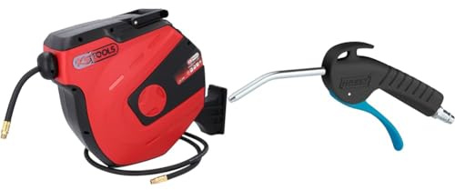 KS Tools 515.3440 Automatischer Druckluftschlauch-Aufroller, Ø 10mm x 15m & HAZET Ausblaspistole 9040P-1 | 100 mm lange, gebogene Drüse, 6 Bar Betriebsdruck mit ergonomischem Handgriff