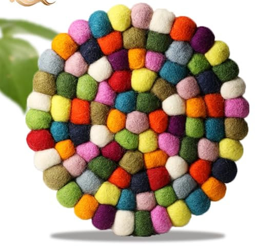 Nepal Style Colourful Woolen Round Trivet - Heat Resistant Matt for pots and pans - attractive home decor - cute but durable - 22cm Diameter Large Design - Prevent Kitchen Burns - Wool Felt