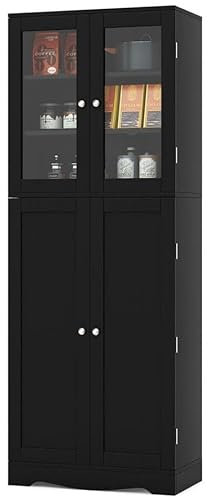 TANGZON Tall Kitchen Cupboard, 4-Door Storage Cabinet with Shelves, Door Racks, Tempered Glass Doors & Anti-tipping Device, Freestanding Wooden Pantry Cabinet Organiser for Dining Living Room (Black)