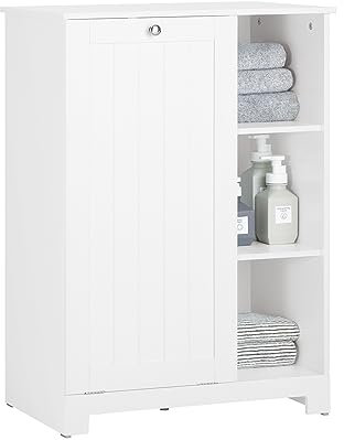 SoBuy Laundry Cabinet – Freestanding Bathroom Cabinet with Laundry Bag – Bathroom Storage Uint with Flip-Out Basket and 3 Shelves – Space-Saving Wooden Storage Cupboard, White, 60x86x37cm, BZR105-W
