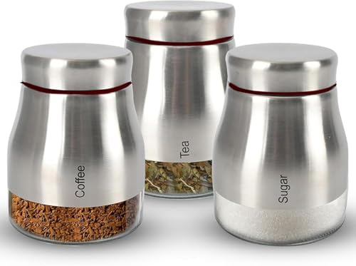 Set of 3 Kitchen Storage Canister - Glass Coffee Jars with Screw Lid Food Containers, Multipurpose Tea Sugar and Coffee Glass Jar Pots, Kitchen Canister Set, tea sugar and coffee containers set