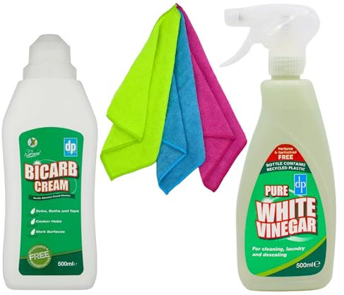 Bicarbonate Of Soda For Cleaning - Cream Cleaner 500ml and White Vinegar Spray 500ml Bundled with Glameno Microfiber Cloths