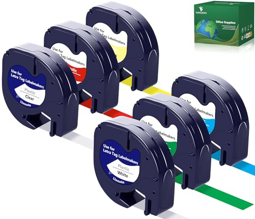 6er Kompatibel für Dymo LetraTag Etikettenband 12mm x 4m Bänder Plastik | Ersatz für 16951 91221 91222 91223 91224 91225 Schriftband Plastic, Kompatibel mit Letra tag LT100H 100T XR XM QX50 2000 200B