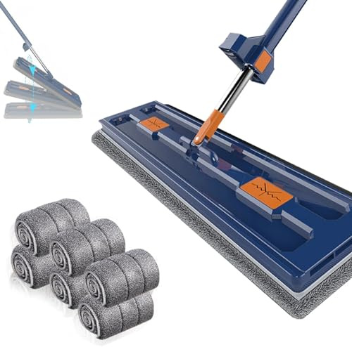 DFANCE Trapeador Plano Grande,360° Rotating Mop with Dewatering Scraper,trapeador húmedo y seco con Reutilizable Limpieza y Almohadilla,para Azulejos Laminado Piso de Madera,Blue,6PCS Cloths