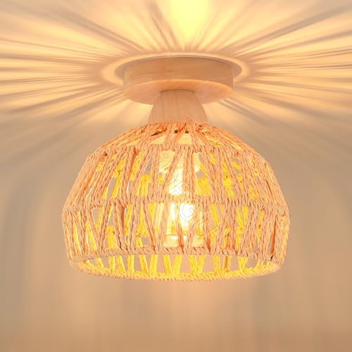 iDEGU Plafonnier Vintage Industrielle Lustre en Bois et Rotin Cage Abat-jour Lampe de Plafond E27 Éclairage Décoration Suspension Luminaire pour Chambre Entrée Couloir Bar Restaurent (20CM, Rotin)