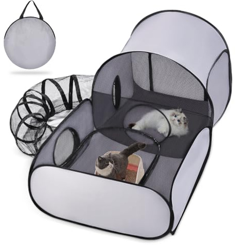 Tailtastic Dog Playpen with Surround Tunnel, Outdoor/Indoor Cat Playpen with Breathable Soft Sides，Tailtastic Cat Enclosure Tent for Small Animals, Portable Cat Tent with Carry Bag (Large)