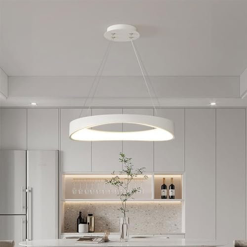 Wylolik Weißer Kreis-Kronleuchter, dimmbare LED-Pendelleuchte, minimalistische cremefarbene Hängelampe, rostfreie Eisen-Aufhängungsbeleuchtung, verstellbare Pendelleuchte für Wohnzimmer, Foyer, Küche