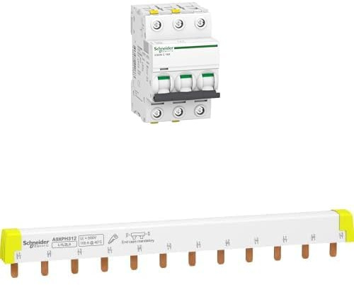 Schneider Electric Bundle Leitungsschutzschalter ACTI9 IC60N 3P 16A C, A9F04316, 3 Polig A9XPH312 Phasenschiene Steg, ablängbar, 3P, 12 TE, 100A