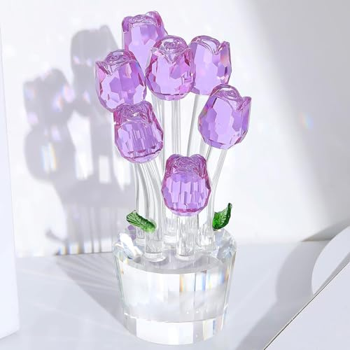 Purple K9 Crystal Rose Bouquet Figurine Collectible Gifts for Women Her, Glass Roses Floral Ornament Paperweit Valentine's Gifts for Mum Wife