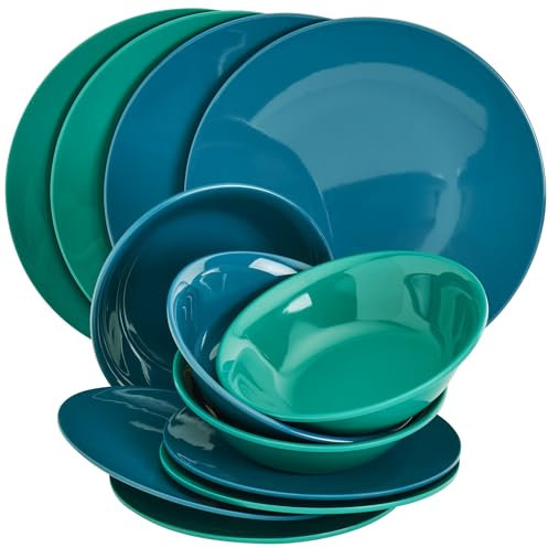 Tabletops Gallery - Juego de vajilla de melamina de 12 piezas, color verde y azul, para uso en interiores y exteriores, servicio para 4, tropical