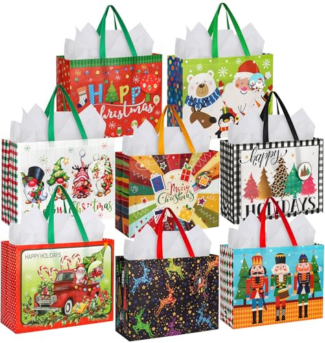 16 Stück Geschenktüten Weihnachten Große,42 X 33 X 16CM, Wiederverwendbare Geschenktaschen mit Griffen, Vliesstoff Geschenktüte mit weißem Seidenpapier und Geschenkanhänger für Urlaub, 8 Entwürfe