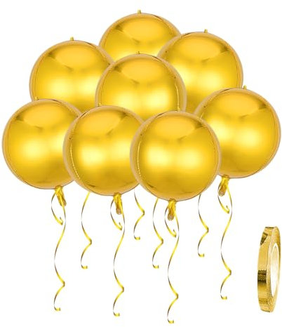 Lot de 8 Ballons Ronds Dorés, Ruban, Décoratifs en Aluminium, Brillants, Géants pour Anniversaire et Fête