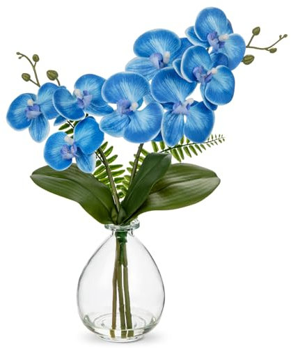 Hollyone Künstliche Orchideen Blau mit Klar Glasvase, Kunstblumen im Vase mit Real Touch Blüten, Gefälschte Orchideen Künstliche Phalaenopsis Blumen für Wohnzimmer Büro Küche Tisch
