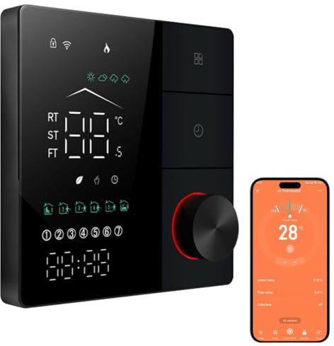 Irishom 2024 Mejorada AI Termostato WiFi Calefacción de Eléctrica, con Aprendizaje Inteligente AI/Control de Aplicaciones/Pantalla táctil Digital LED-Negro