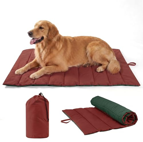 UNIKOME Cama Perro Lavable Exterior y Interior, Grande Colchoneta Perro Impermeable, Colchón Manta para Perro&Gatos Plegable, Portátil Alfombrilla Cama para Perros (Rojo+Verde, 110x68cm)