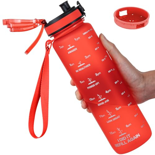 GOPPUS 1L/32oz Tritan Water Bottle (No Straw)-Soft Matte Finish Drink Bottle with Measurements Bottles with Lockable Flip Top Motivational Bottles with Time Marks for Adults BPA Free (Red)