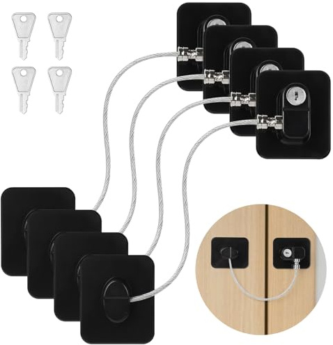 MirraSwit 4Pcs Refrigerator Locks with Keys, Self Adhesive Black | Versatile Window Restrictor, Window Locks for UPVC Windows, Window Safety Restrictors for Cabinets, Drawer and Cupboard