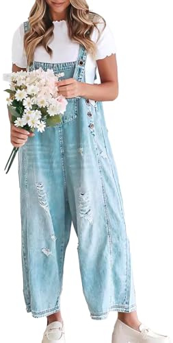 Sukany Women's Vintage Casual Denim Jean Overalls Loose Distressed Bib Dungarees Adjustable Baggy Harem Romper Jumpsuit Pants