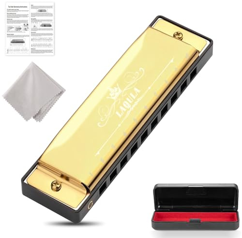 Diatonic Blues Mundharmonika 10 Löcher in C Key mit Schutzhülle - Standard Geschenk für Erwachsene, Profis, Anfänger und Studenten (Gold)