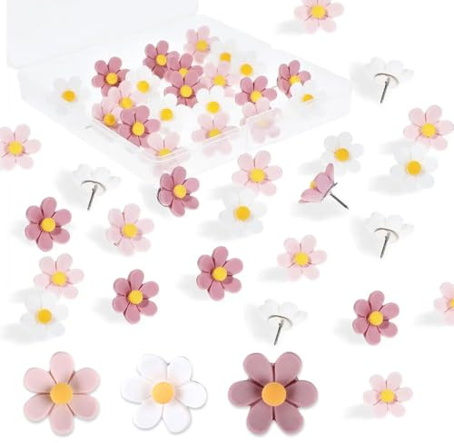 Blumen-Reißzwecken, 50 Stück, Pinnwandnadeln, Reißnägel für Kork-Pinnwände (weiß + hellrosa + dunkelrosa)