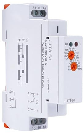 Wattive Relé temporizador de apagado de retardo AC 220V, Relé de tiempo Multifuncional JJT8-B1 Relé de retardo 0,1 s a 10 días Montaje en riel DIN para equipos industriales, control de iluminación