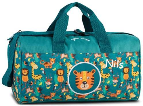 minimutz Bolsa de deporte para niños pequeña, personalizada con nombre, bolsa de viaje de fin de semana, 38 x 22 x 20 cm, 12 L, Safari - Turquesa, small, Bolsa de deporte infantil