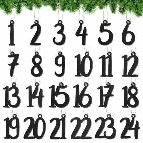 MEJOSER 1-24 Adventskalender Zahlen aus Holz Schwarz Anhänger 4cm 24 Stck. Nummern Adventskalender 2025 Selber Basteln Befüllen Adventskalenderzahlen Weihnachtsdeko